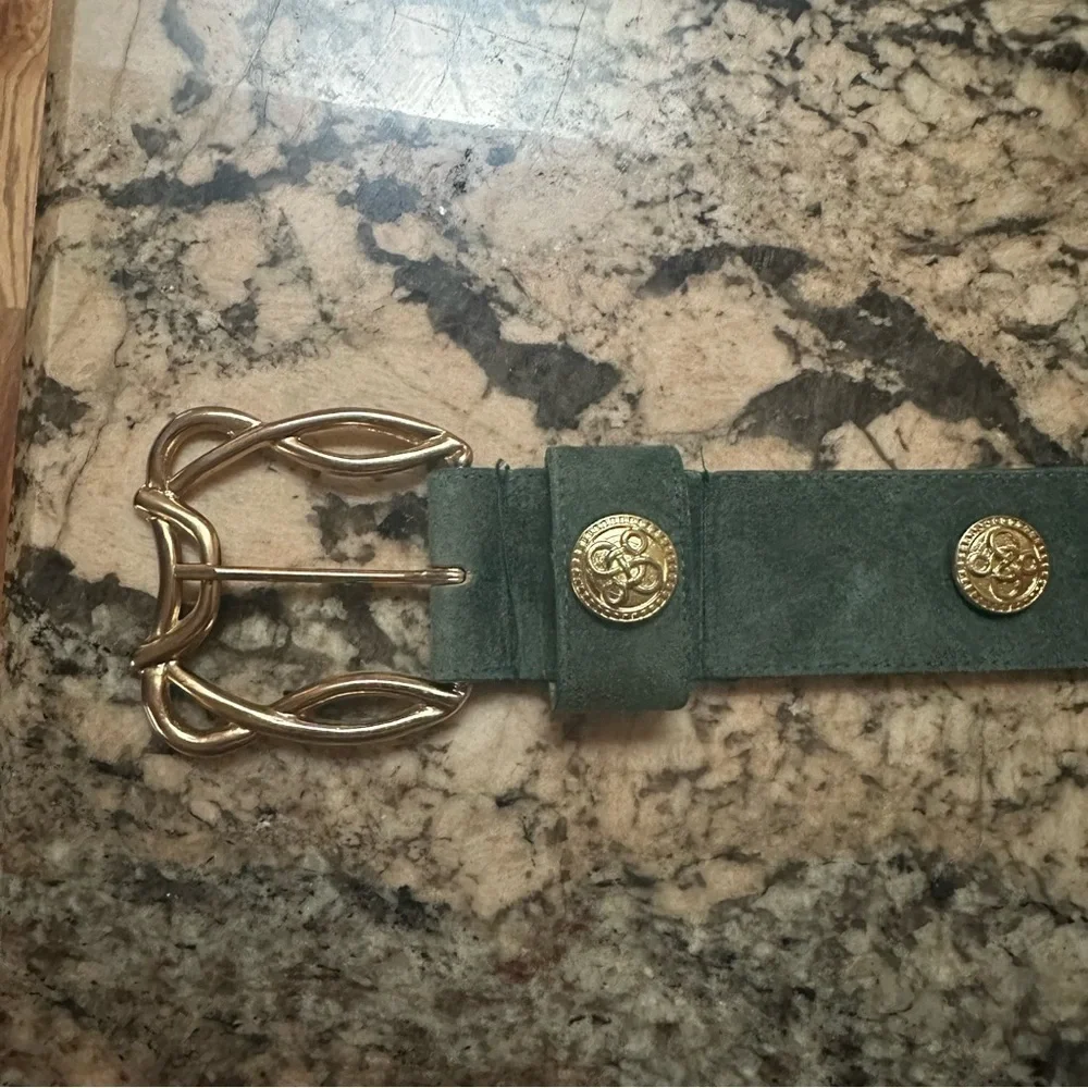 Gotcha Covered Chic Dark Green Suede Belt with Gold Accents